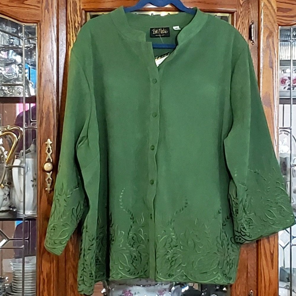 Bob Mackie's Button Front Embroidered Edge Shirt  3x  Olive Green